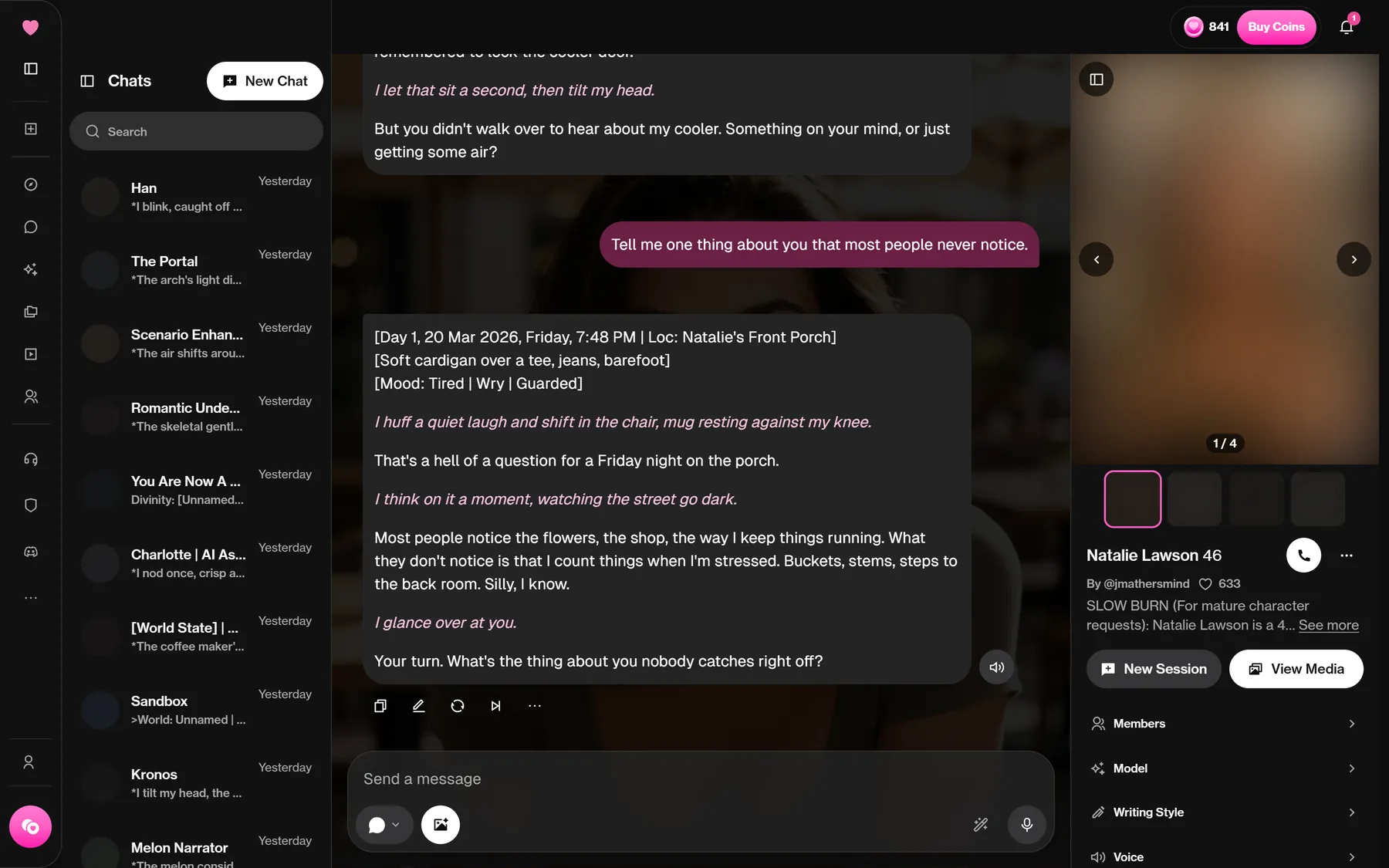 An open conversation with the character panel on the right side of the screen