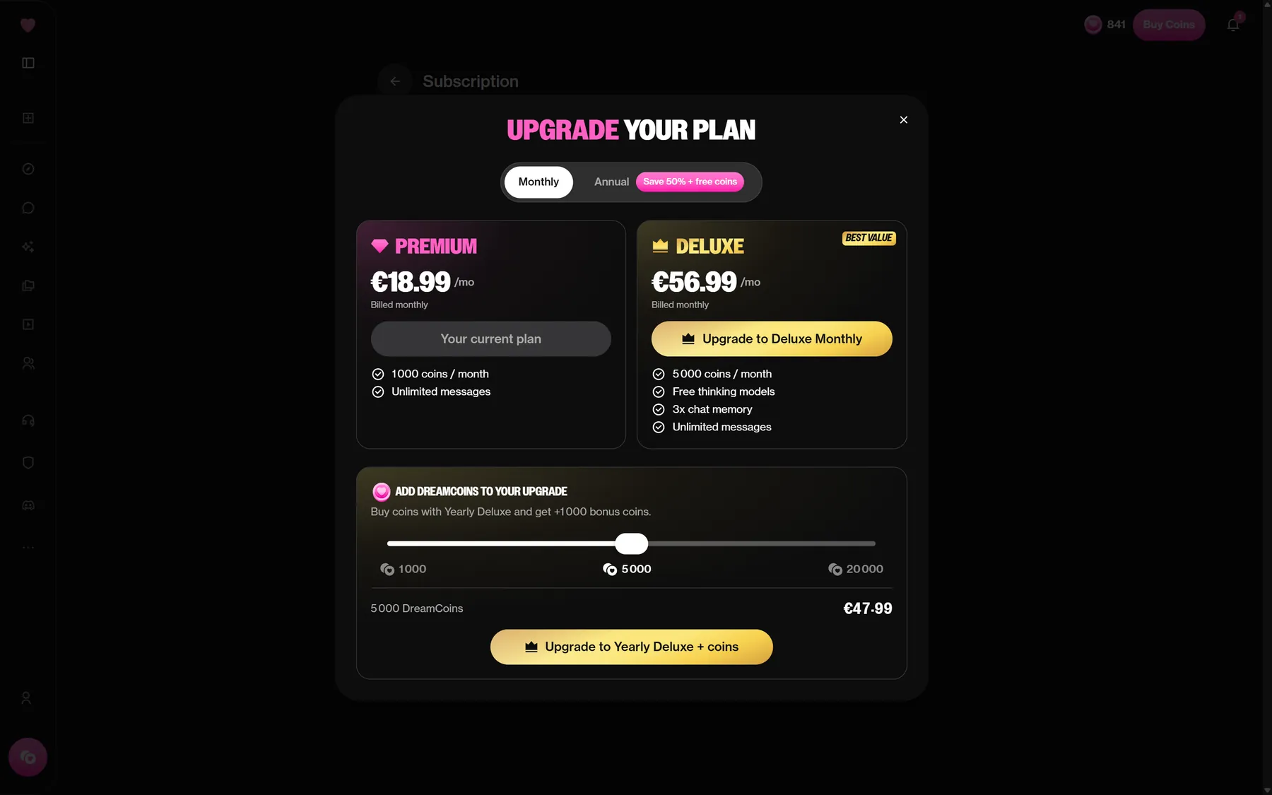 The plan window on monthly billing, Premium at 18.99 EUR and Deluxe at 56.99 EUR