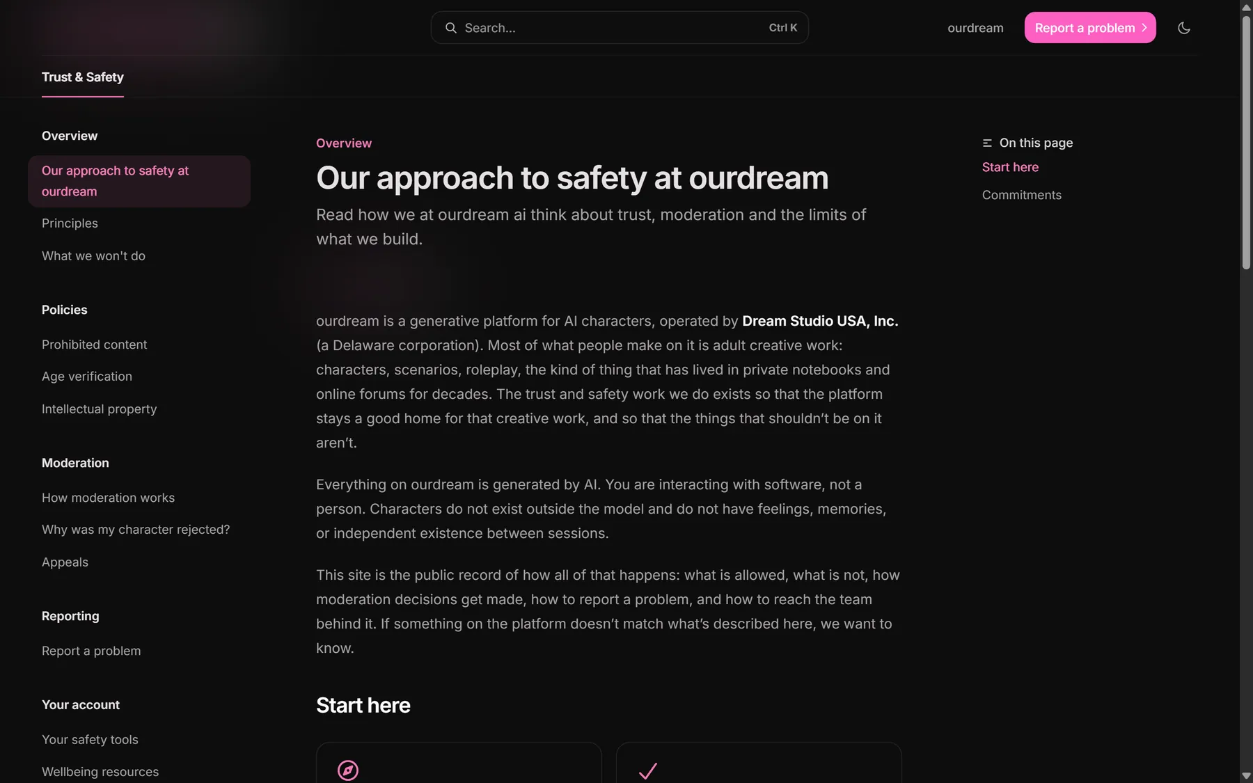 The Trust and Safety Center overview, with its list of commitments.