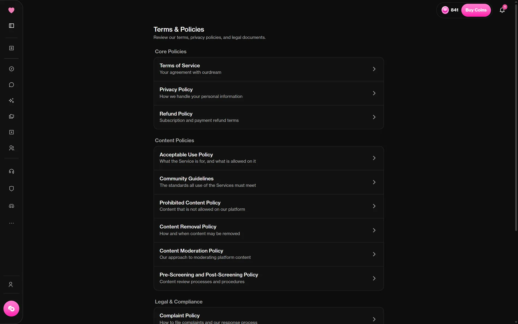 The Terms and Policies page listing the Terms of Service, Privacy Policy, Refund Policy and other policies.